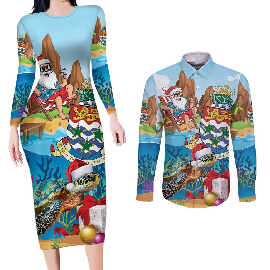 Cayman Islands Christmas Couples Matching Long Sleeve Bodycon Dress and Long Sleeve Button Shirt Santa Claus Turtle Beachy Xmas - Wonder Print Shop