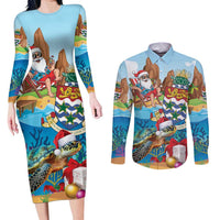 Cayman Islands Christmas Couples Matching Long Sleeve Bodycon Dress and Long Sleeve Button Shirt Santa Claus Turtle Beachy Xmas - Wonder Print Shop