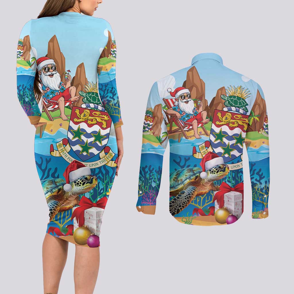 Cayman Islands Christmas Couples Matching Long Sleeve Bodycon Dress and Long Sleeve Button Shirt Santa Claus Turtle Beachy Xmas - Wonder Print Shop