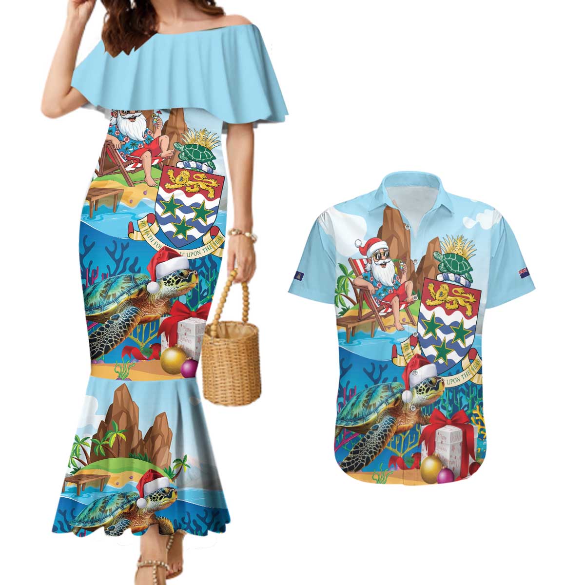 Cayman Islands Christmas Couples Matching Mermaid Dress and Hawaiian Shirt Santa Claus Turtle Beachy Xmas - Wonder Print Shop
