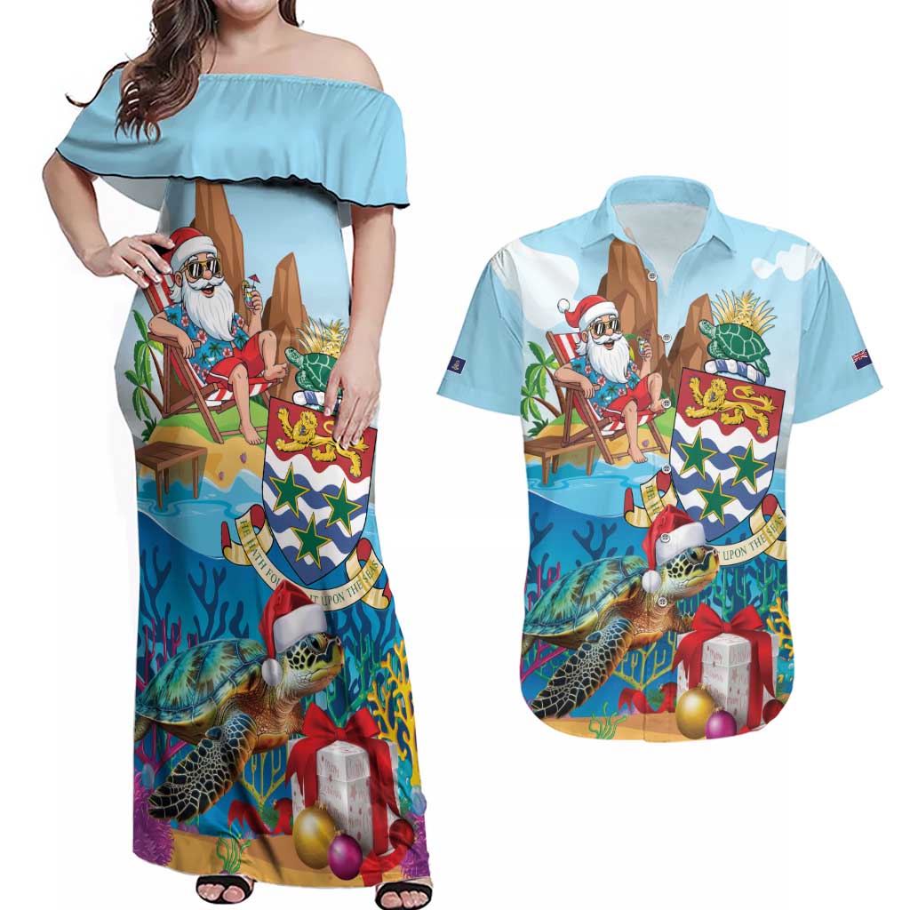 Cayman Islands Christmas Couples Matching Off Shoulder Maxi Dress and Hawaiian Shirt Santa Claus Turtle Beachy Xmas - Wonder Print Shop