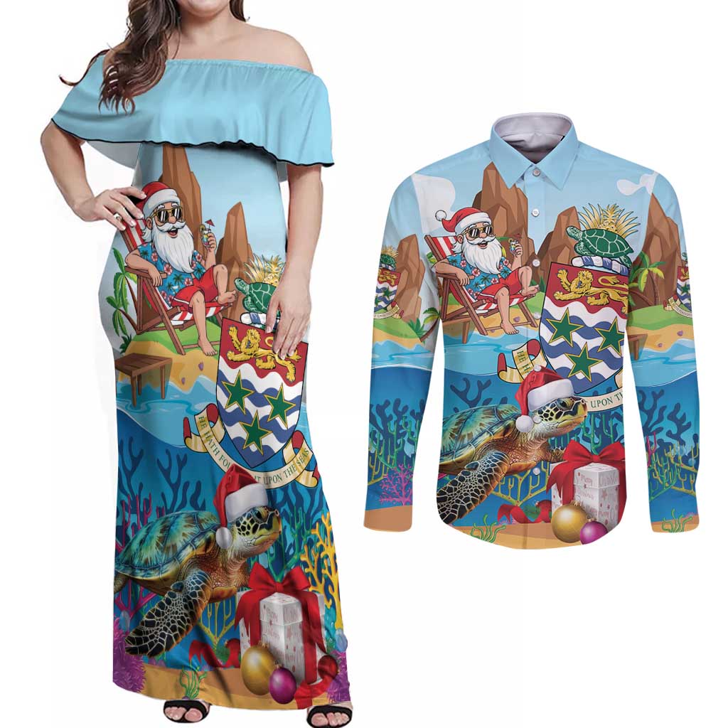 Cayman Islands Christmas Couples Matching Off Shoulder Maxi Dress and Long Sleeve Button Shirt Santa Claus Turtle Beachy Xmas - Wonder Print Shop