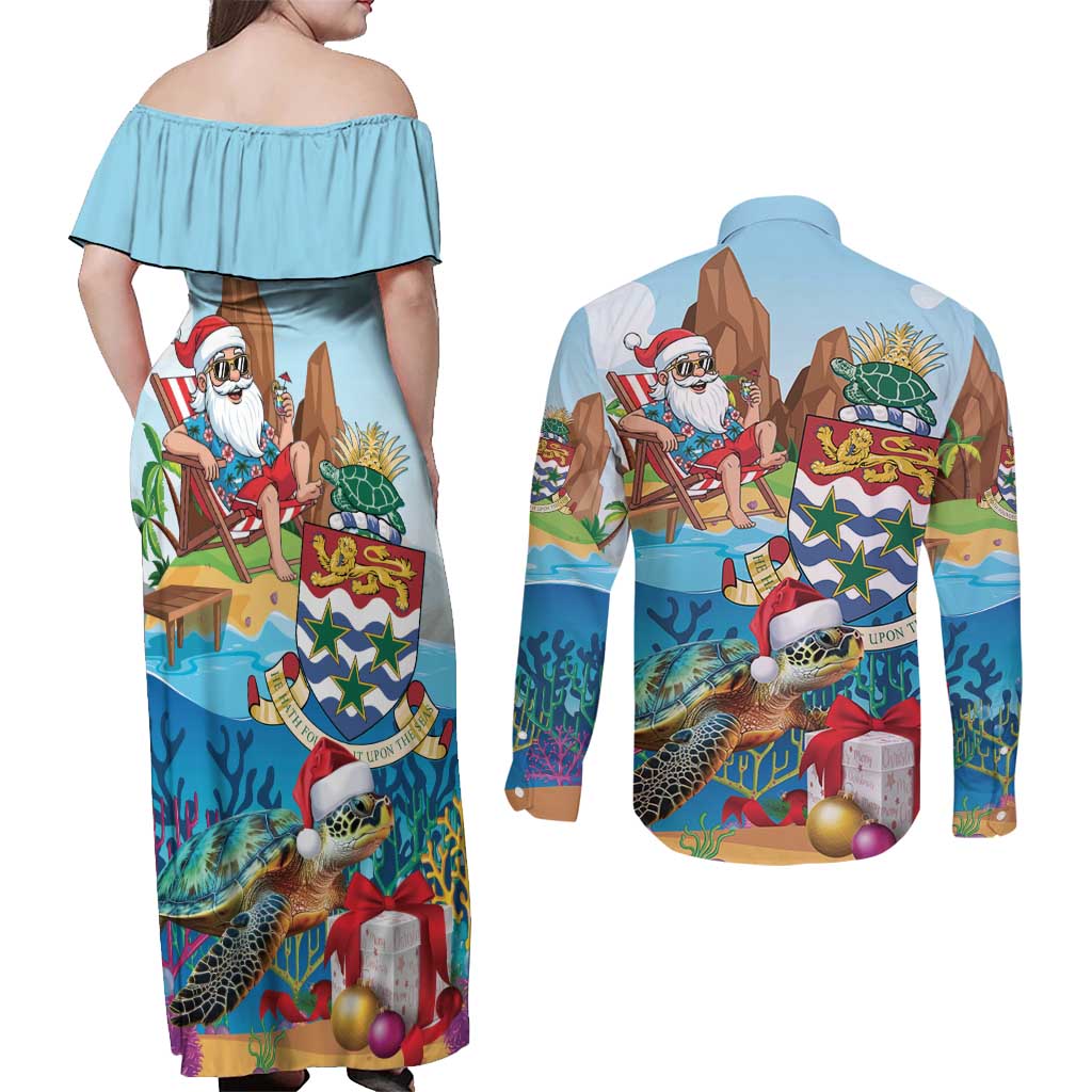 Cayman Islands Christmas Couples Matching Off Shoulder Maxi Dress and Long Sleeve Button Shirt Santa Claus Turtle Beachy Xmas - Wonder Print Shop