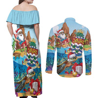 Cayman Islands Christmas Couples Matching Off Shoulder Maxi Dress and Long Sleeve Button Shirt Santa Claus Turtle Beachy Xmas - Wonder Print Shop
