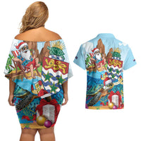 Cayman Islands Christmas Couples Matching Off Shoulder Short Dress and Hawaiian Shirt Santa Claus Turtle Beachy Xmas - Wonder Print Shop