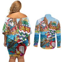 Cayman Islands Christmas Couples Matching Off Shoulder Short Dress and Long Sleeve Button Shirt Santa Claus Turtle Beachy Xmas - Wonder Print Shop