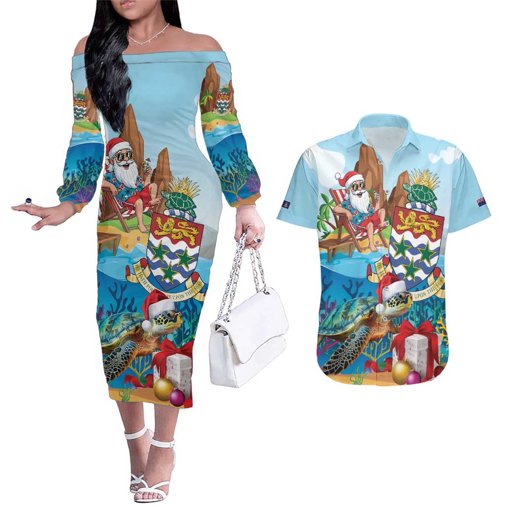 Cayman Islands Christmas Couples Matching Off The Shoulder Long Sleeve Dress and Hawaiian Shirt Santa Claus Turtle Beachy Xmas - Wonder Print Shop