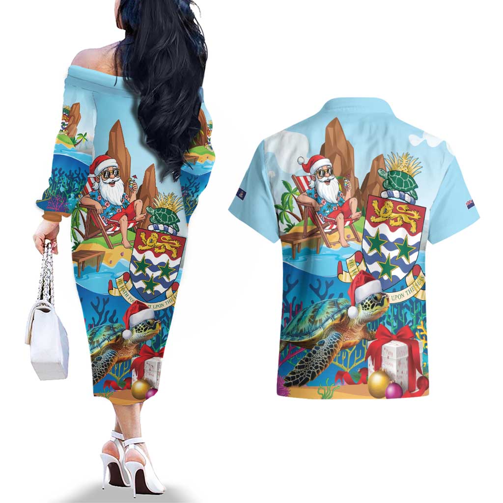 Cayman Islands Christmas Couples Matching Off The Shoulder Long Sleeve Dress and Hawaiian Shirt Santa Claus Turtle Beachy Xmas - Wonder Print Shop
