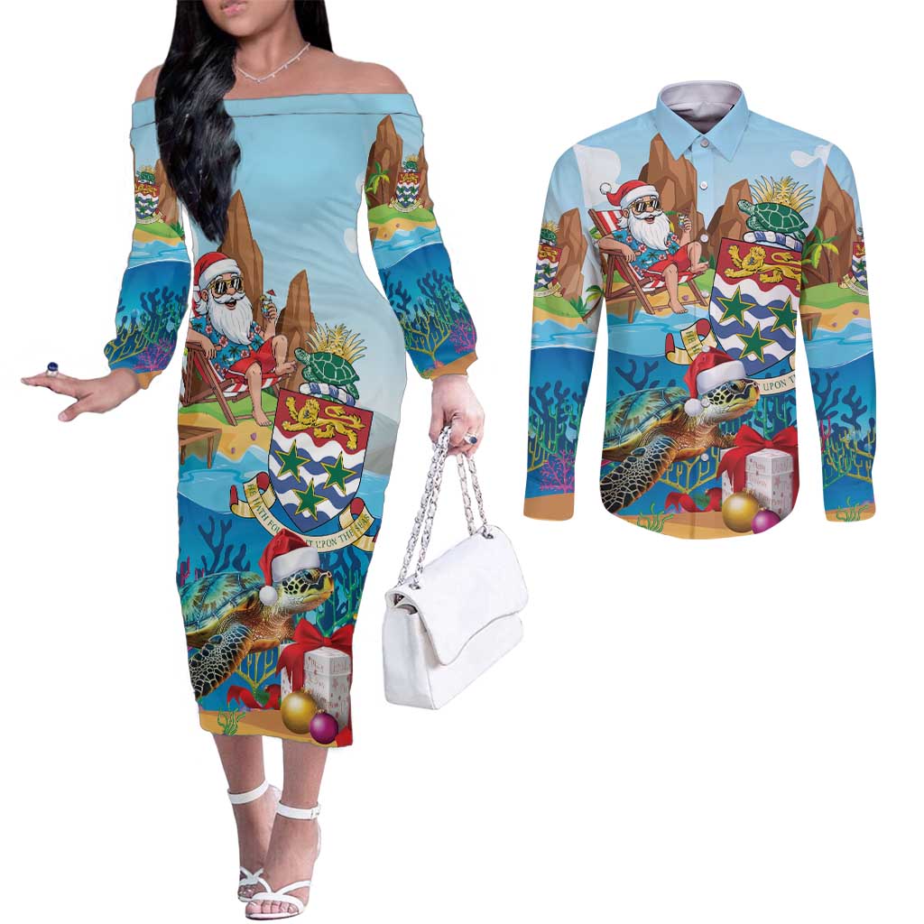 Cayman Islands Christmas Couples Matching Off The Shoulder Long Sleeve Dress and Long Sleeve Button Shirt Santa Claus Turtle Beachy Xmas - Wonder Print Shop