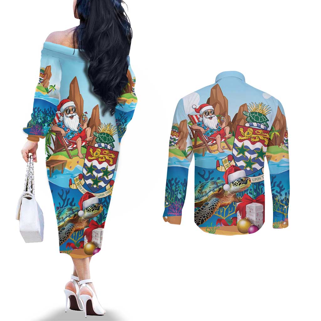 Cayman Islands Christmas Couples Matching Off The Shoulder Long Sleeve Dress and Long Sleeve Button Shirt Santa Claus Turtle Beachy Xmas - Wonder Print Shop