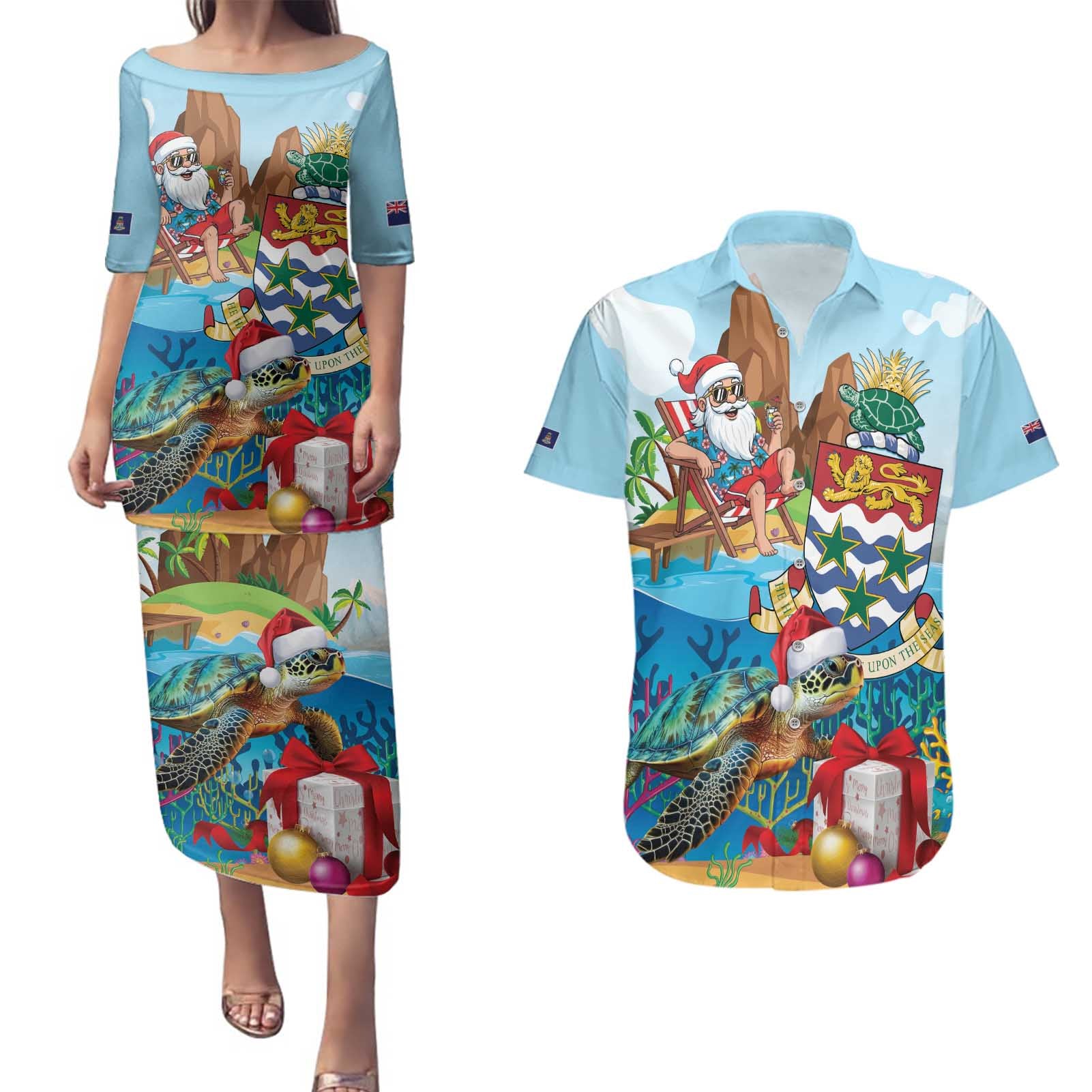Cayman Islands Christmas Couples Matching Puletasi and Hawaiian Shirt Santa Claus Turtle Beachy Xmas - Wonder Print Shop