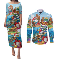 Cayman Islands Christmas Couples Matching Puletasi and Long Sleeve Button Shirt Santa Claus Turtle Beachy Xmas - Wonder Print Shop