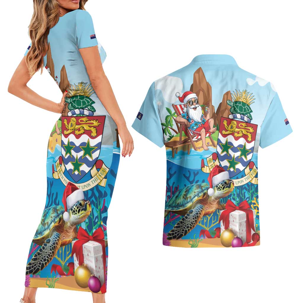 Cayman Islands Christmas Couples Matching Short Sleeve Bodycon Dress and Hawaiian Shirt Santa Claus Turtle Beachy Xmas - Wonder Print Shop