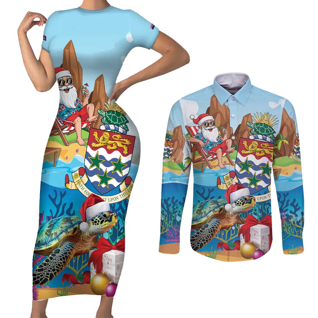Cayman Islands Christmas Couples Matching Short Sleeve Bodycon Dress and Long Sleeve Button Shirt Santa Claus Turtle Beachy Xmas - Wonder Print Shop