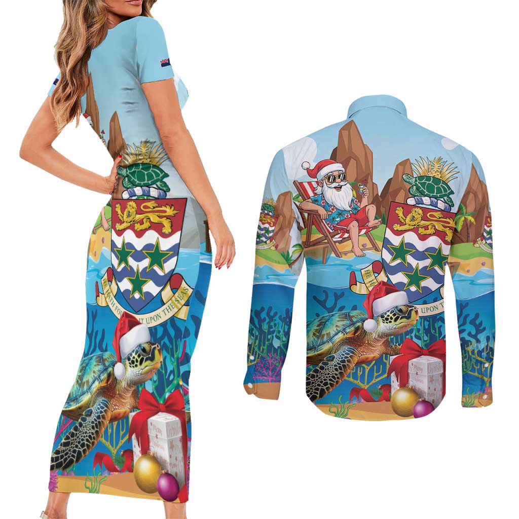Cayman Islands Christmas Couples Matching Short Sleeve Bodycon Dress and Long Sleeve Button Shirt Santa Claus Turtle Beachy Xmas - Wonder Print Shop