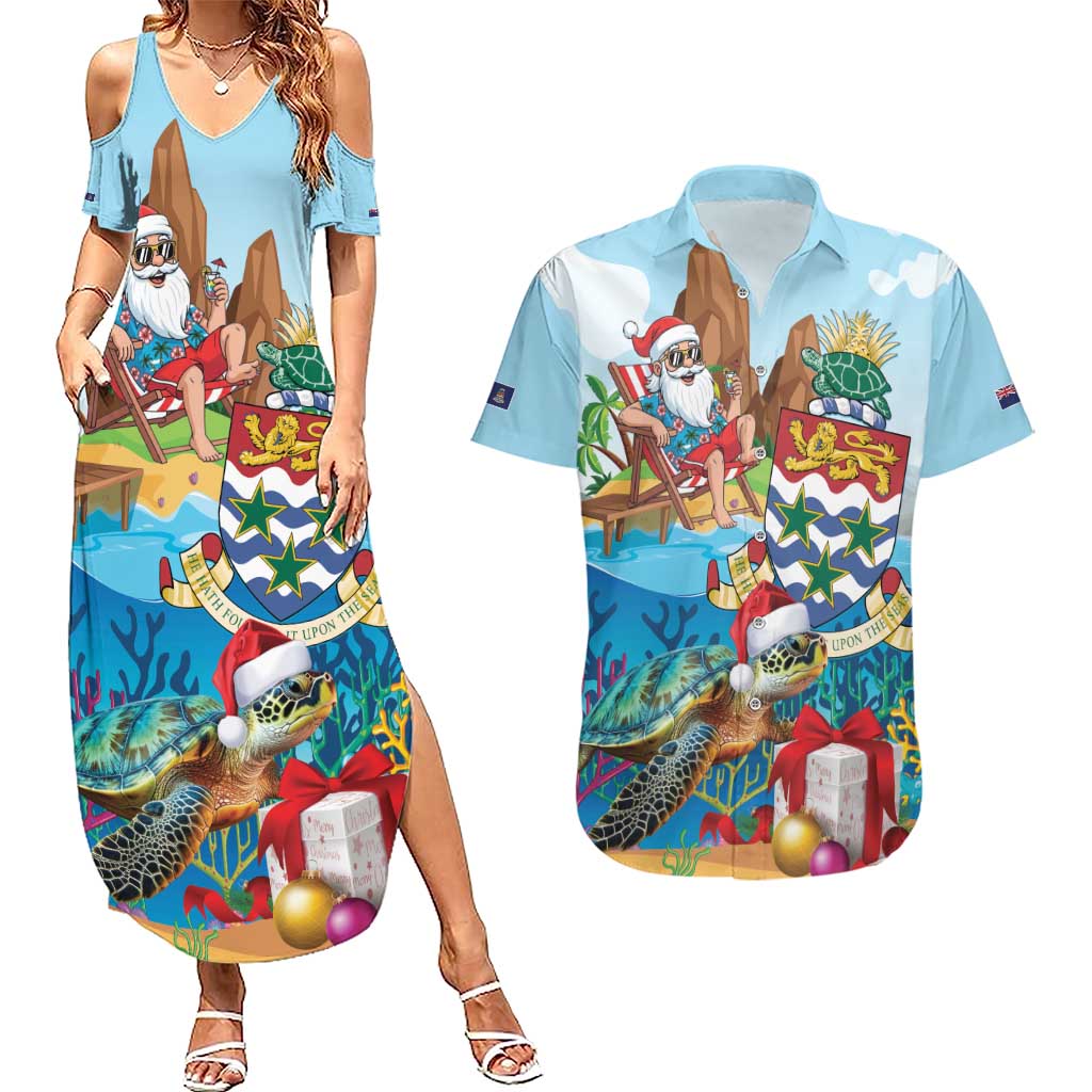 Cayman Islands Christmas Couples Matching Summer Maxi Dress and Hawaiian Shirt Santa Claus Turtle Beachy Xmas - Wonder Print Shop
