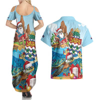 Cayman Islands Christmas Couples Matching Summer Maxi Dress and Hawaiian Shirt Santa Claus Turtle Beachy Xmas - Wonder Print Shop