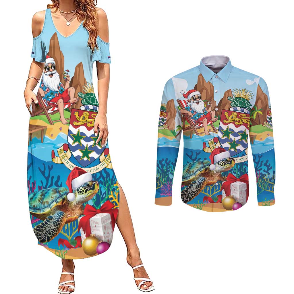 Cayman Islands Christmas Couples Matching Summer Maxi Dress and Long Sleeve Button Shirt Santa Claus Turtle Beachy Xmas - Wonder Print Shop
