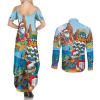 Cayman Islands Christmas Couples Matching Summer Maxi Dress and Long Sleeve Button Shirt Santa Claus Turtle Beachy Xmas - Wonder Print Shop