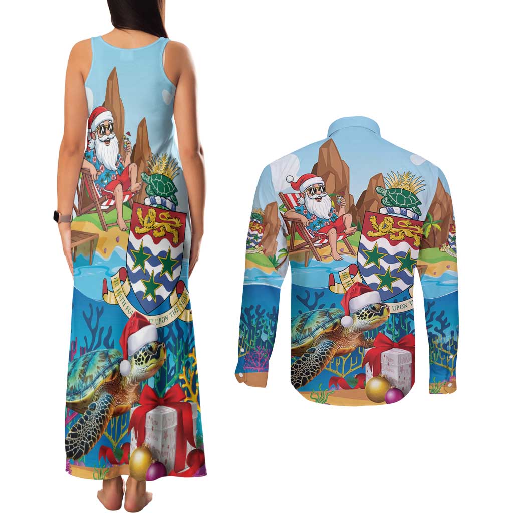 Cayman Islands Christmas Couples Matching Tank Maxi Dress and Long Sleeve Button Shirt Santa Claus Turtle Beachy Xmas - Wonder Print Shop