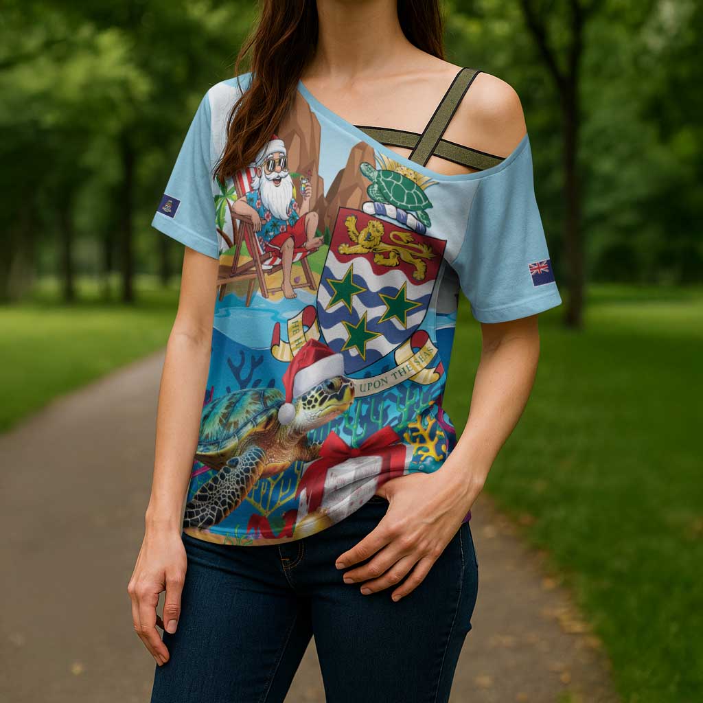 Cayman Islands Christmas Cross Shoulder Shirt Santa Claus Turtle Beachy Xmas - Wonder Print Shop