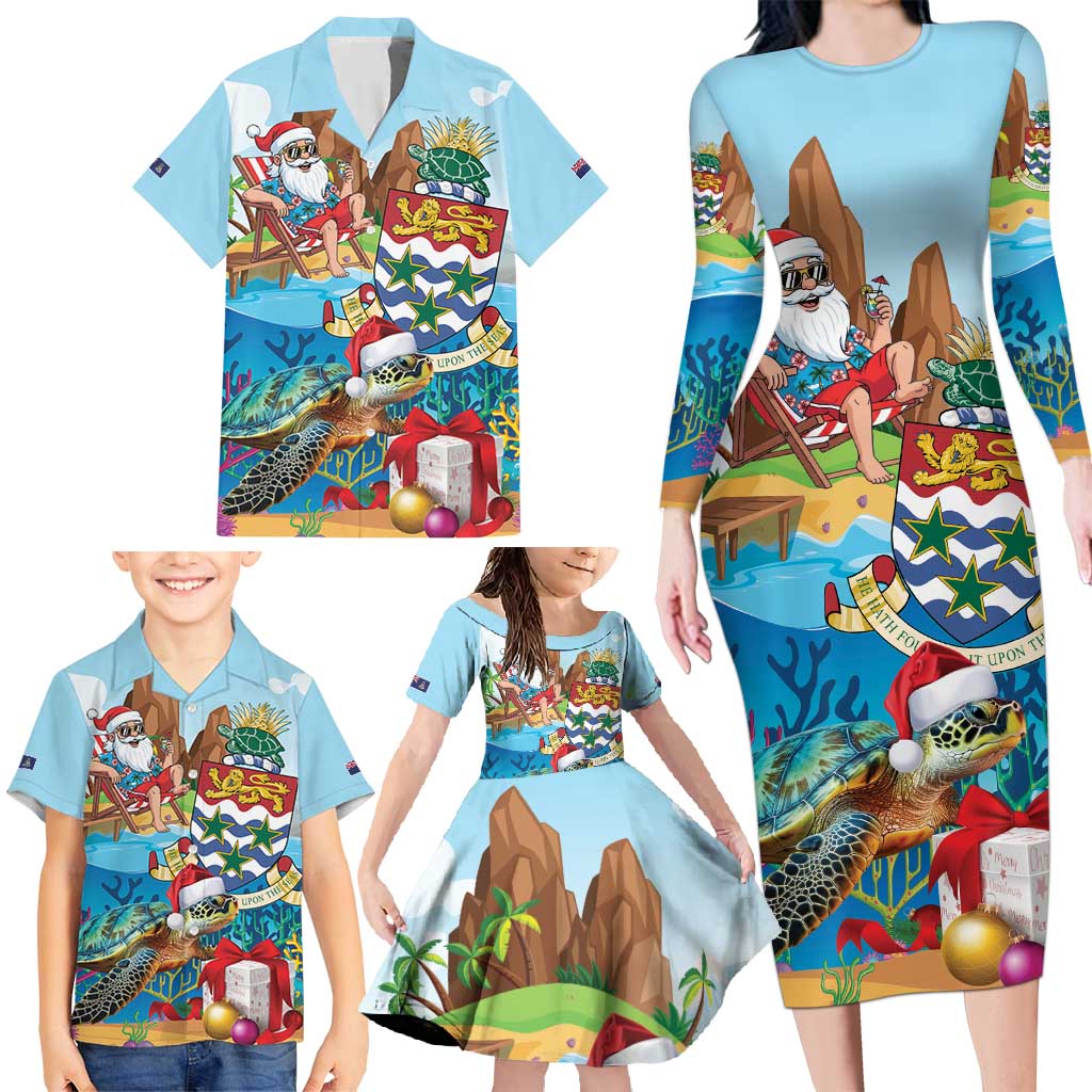 Cayman Islands Christmas Family Matching Long Sleeve Bodycon Dress and Hawaiian Shirt Santa Claus Turtle Beachy Xmas - Wonder Print Shop