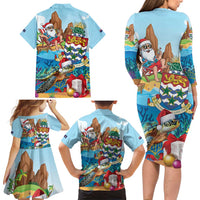Cayman Islands Christmas Family Matching Long Sleeve Bodycon Dress and Hawaiian Shirt Santa Claus Turtle Beachy Xmas - Wonder Print Shop