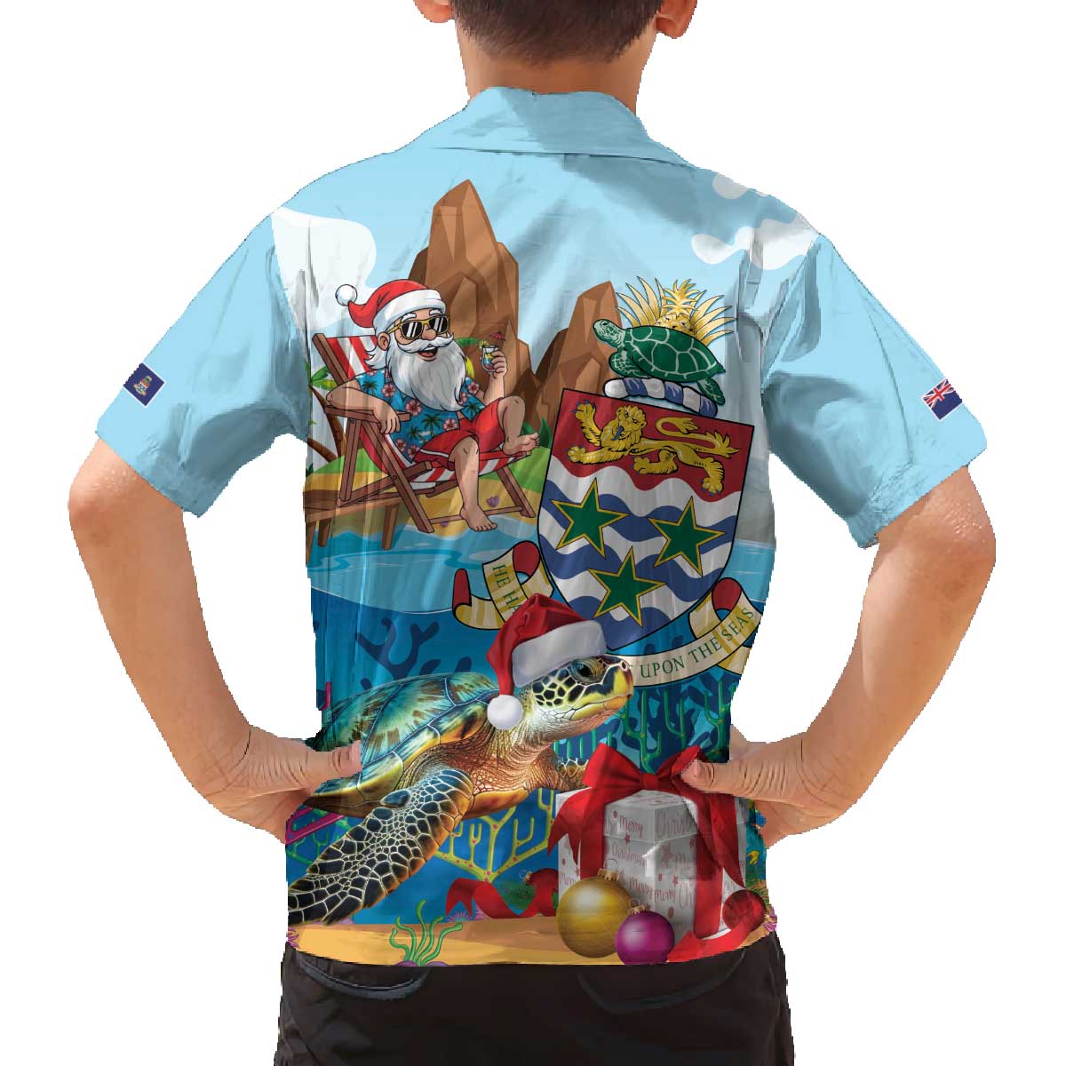 Cayman Islands Christmas Family Matching Off The Shoulder Long Sleeve Dress and Hawaiian Shirt Santa Claus Turtle Beachy Xmas - Wonder Print Shop