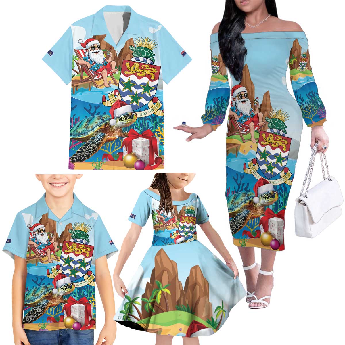 Cayman Islands Christmas Family Matching Off The Shoulder Long Sleeve Dress and Hawaiian Shirt Santa Claus Turtle Beachy Xmas - Wonder Print Shop