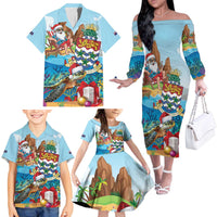 Cayman Islands Christmas Family Matching Off The Shoulder Long Sleeve Dress and Hawaiian Shirt Santa Claus Turtle Beachy Xmas - Wonder Print Shop