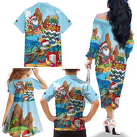 Cayman Islands Christmas Family Matching Off The Shoulder Long Sleeve Dress and Hawaiian Shirt Santa Claus Turtle Beachy Xmas - Wonder Print Shop