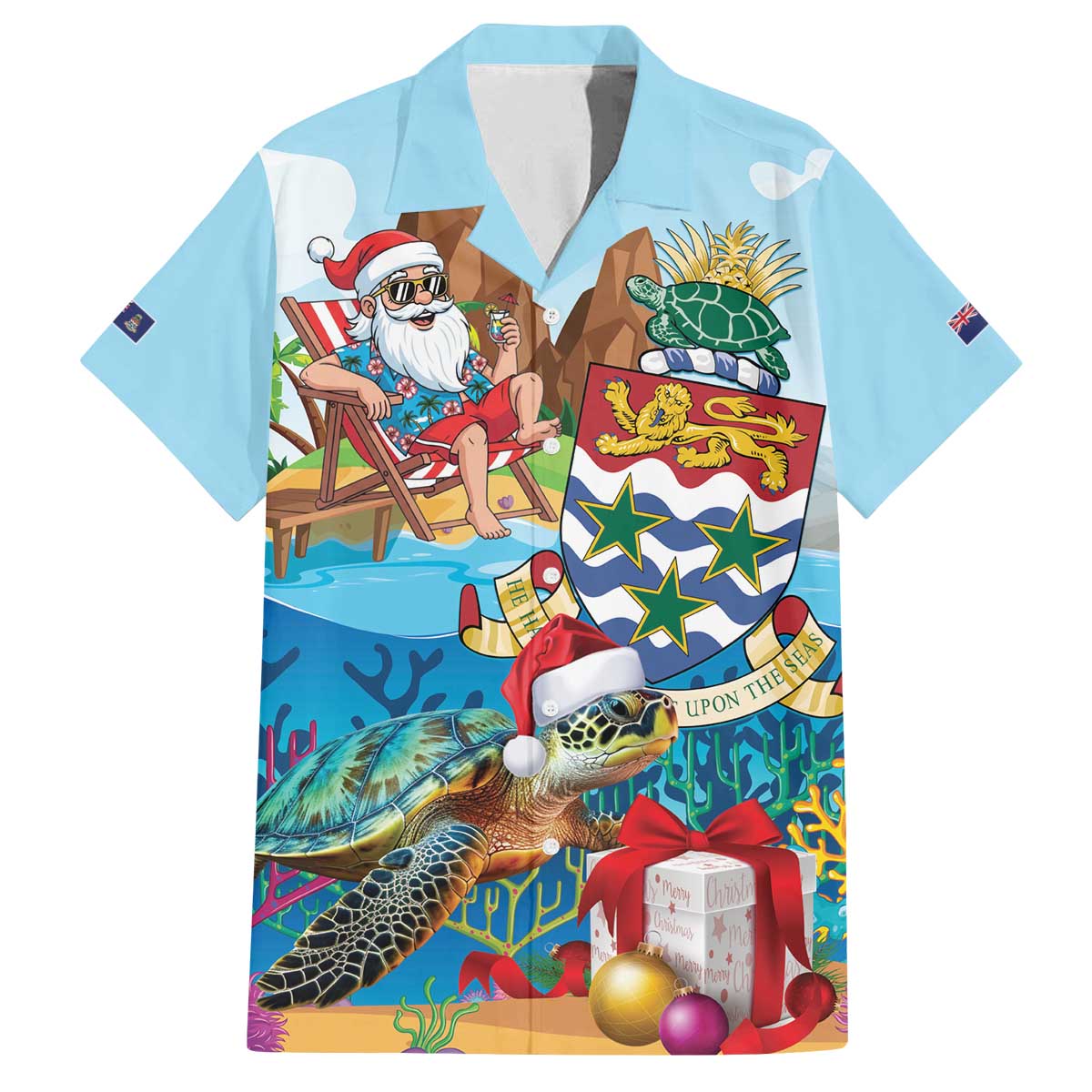 Cayman Islands Christmas Family Matching Off The Shoulder Long Sleeve Dress and Hawaiian Shirt Santa Claus Turtle Beachy Xmas - Wonder Print Shop