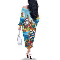 Cayman Islands Christmas Family Matching Off The Shoulder Long Sleeve Dress and Hawaiian Shirt Santa Claus Turtle Beachy Xmas - Wonder Print Shop