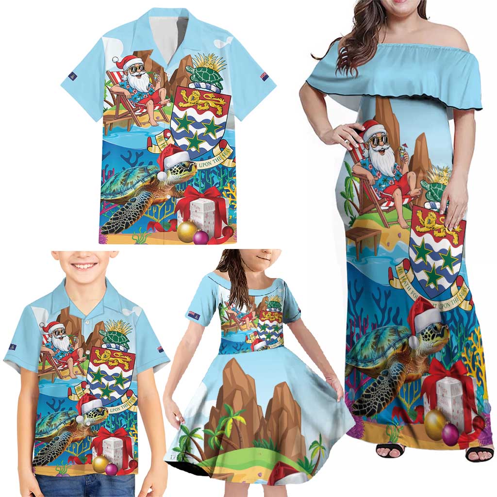 Cayman Islands Christmas Family Matching Off Shoulder Maxi Dress and Hawaiian Shirt Santa Claus Turtle Beachy Xmas - Wonder Print Shop