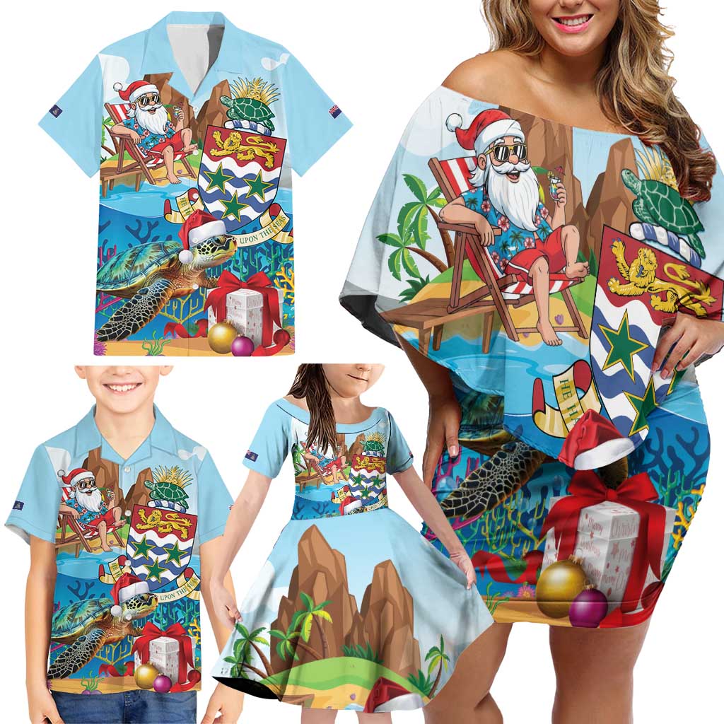 Cayman Islands Christmas Family Matching Off Shoulder Short Dress and Hawaiian Shirt Santa Claus Turtle Beachy Xmas - Wonder Print Shop