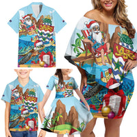 Cayman Islands Christmas Family Matching Off Shoulder Short Dress and Hawaiian Shirt Santa Claus Turtle Beachy Xmas - Wonder Print Shop
