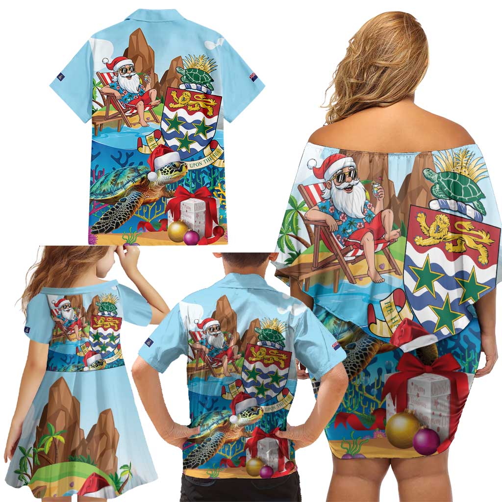 Cayman Islands Christmas Family Matching Off Shoulder Short Dress and Hawaiian Shirt Santa Claus Turtle Beachy Xmas - Wonder Print Shop