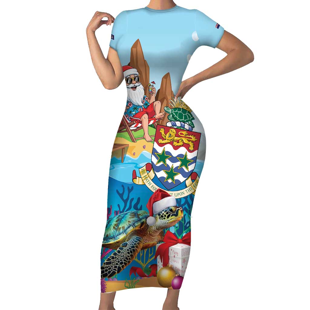 Cayman Islands Christmas Family Matching Short Sleeve Bodycon Dress and Hawaiian Shirt Santa Claus Turtle Beachy Xmas - Wonder Print Shop