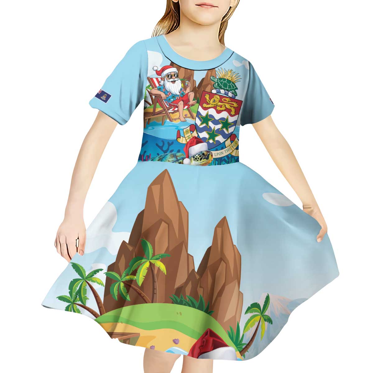 Cayman Islands Christmas Kid Short Sleeve Dress Santa Claus Turtle Beachy Xmas - Wonder Print Shop