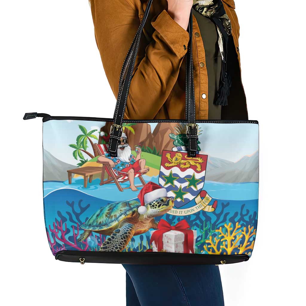 Cayman Islands Christmas Leather Tote Bag Santa Claus Turtle Beachy Xmas - Wonder Print Shop