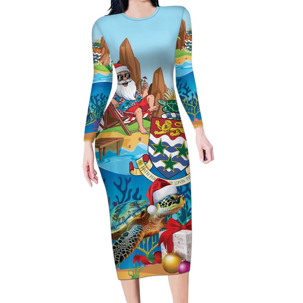 Cayman Islands Christmas Long Sleeve Bodycon Dress Santa Claus Turtle Beachy Xmas - Wonder Print Shop