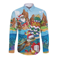 Cayman Islands Christmas Long Sleeve Button Shirt Santa Claus Turtle Beachy Xmas - Wonder Print Shop
