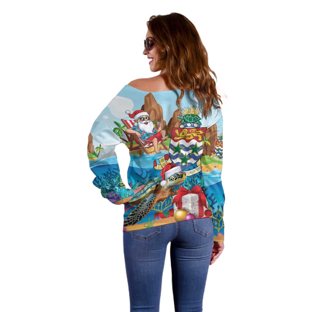 Cayman Islands Christmas Off Shoulder Sweater Santa Claus Turtle Beachy Xmas - Wonder Print Shop