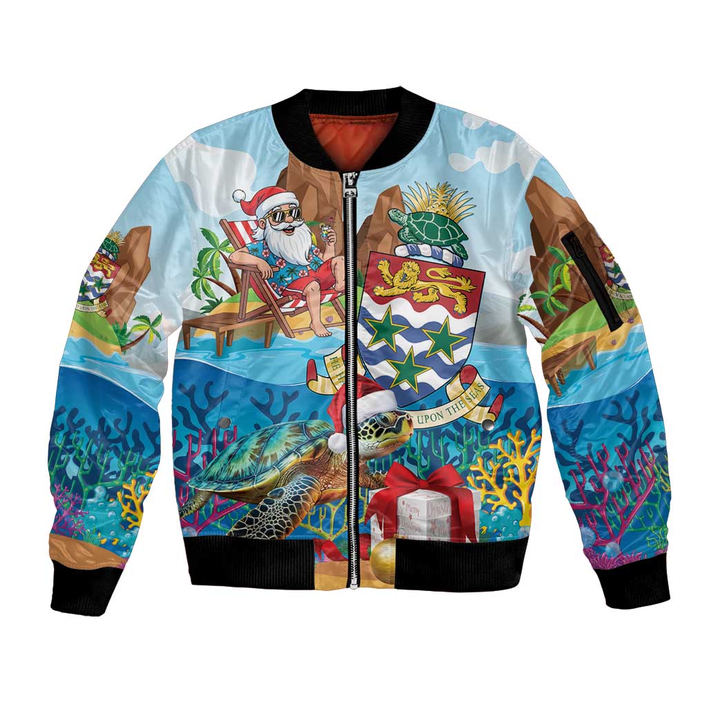 Cayman Islands Christmas Sleeve Zip Bomber Jacket Santa Claus Turtle Beachy Xmas - Wonder Print Shop