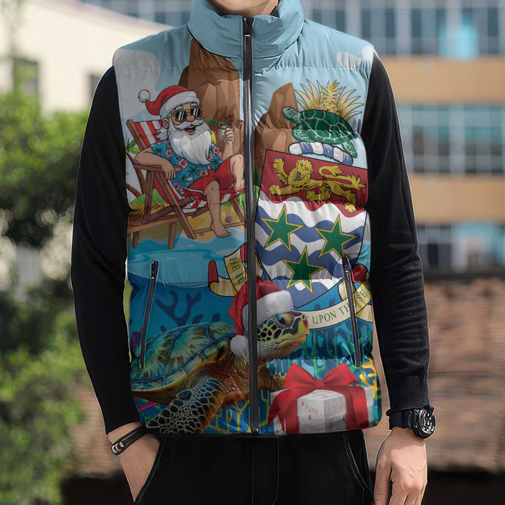 Cayman Islands Christmas Sleeveless Puffer Jacket Santa Claus Turtle Beachy Xmas - Wonder Print Shop