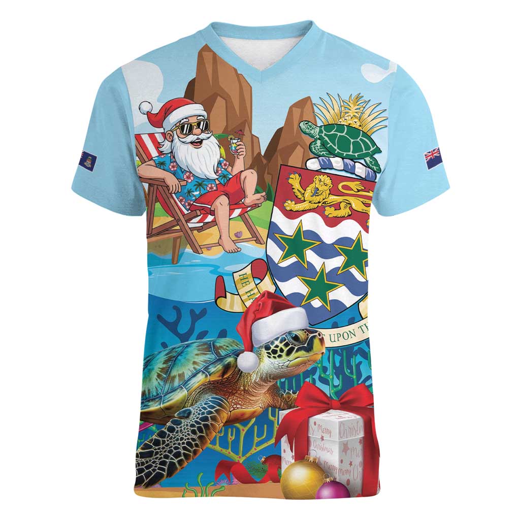 Cayman Islands Christmas Women V-Neck T-Shirt Santa Claus Turtle Beachy Xmas - Wonder Print Shop