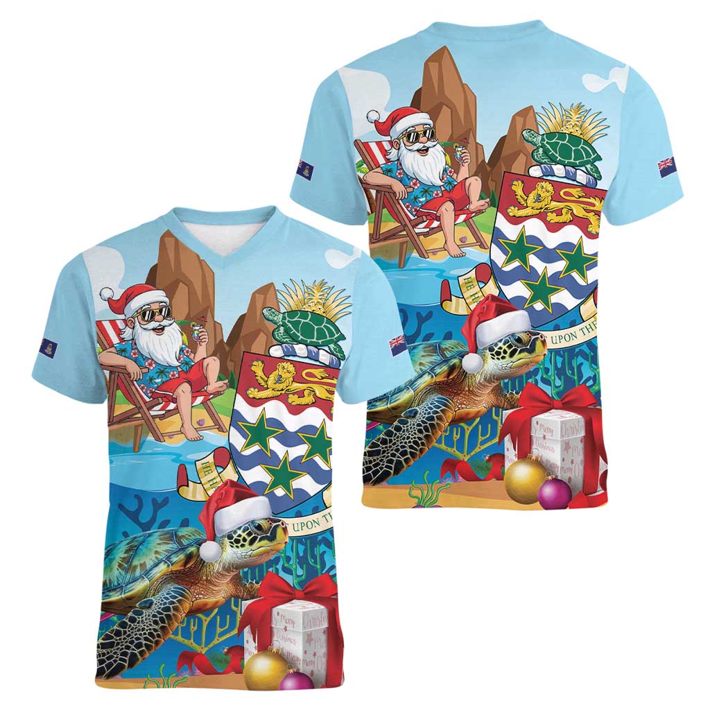 Cayman Islands Christmas Women V-Neck T-Shirt Santa Claus Turtle Beachy Xmas - Wonder Print Shop