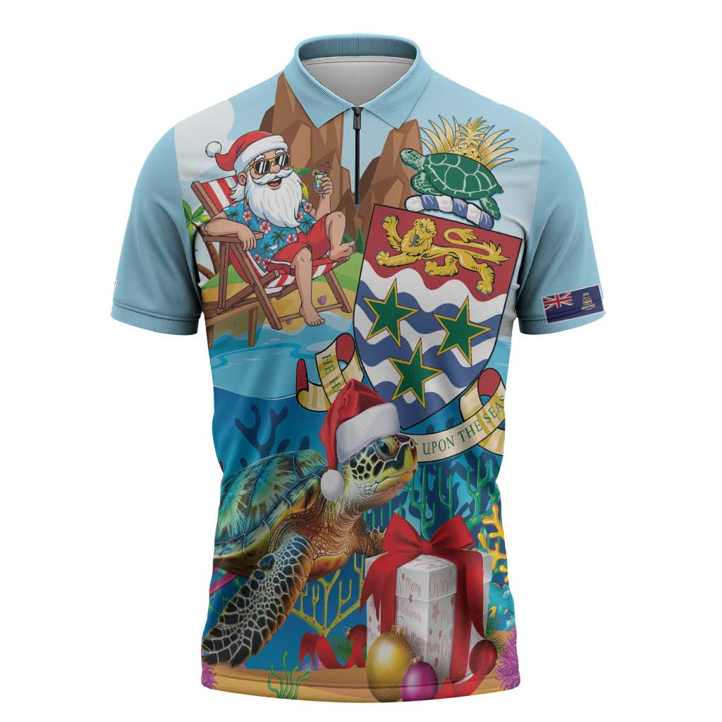 Cayman Islands Christmas Zipper Polo Shirt Santa Claus Turtle Beachy Xmas - Wonder Print Shop