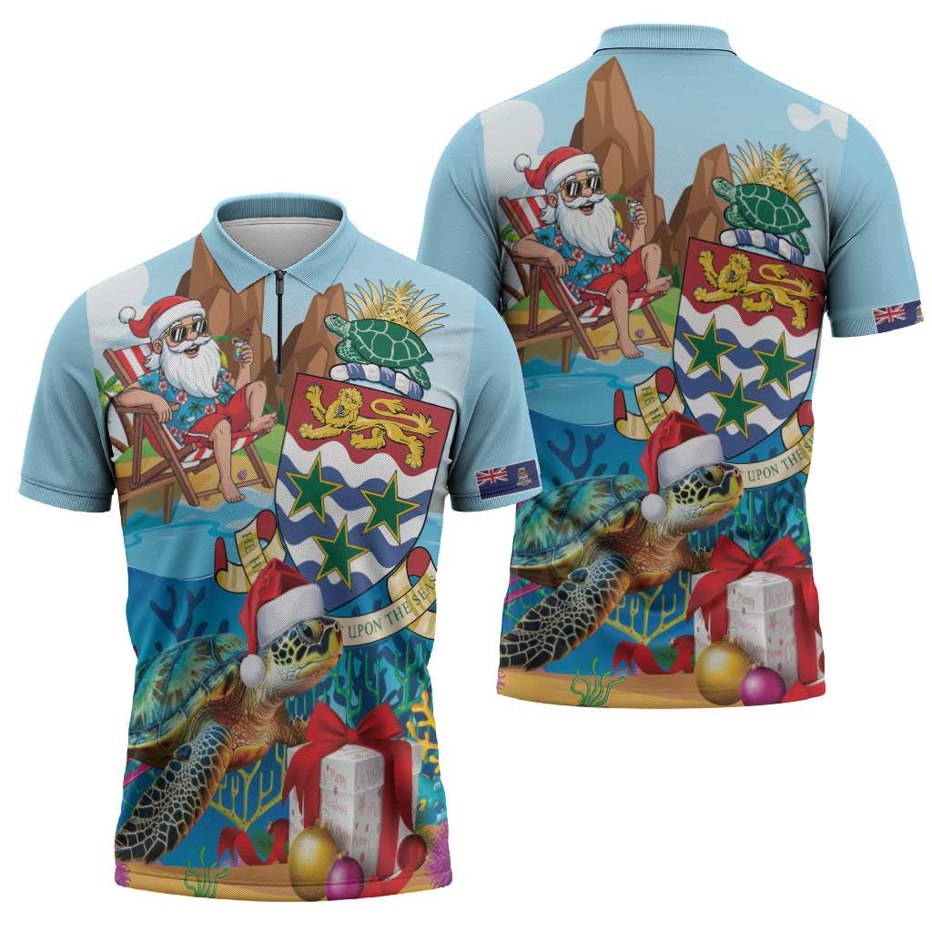 Cayman Islands Christmas Zipper Polo Shirt Santa Claus Turtle Beachy Xmas - Wonder Print Shop