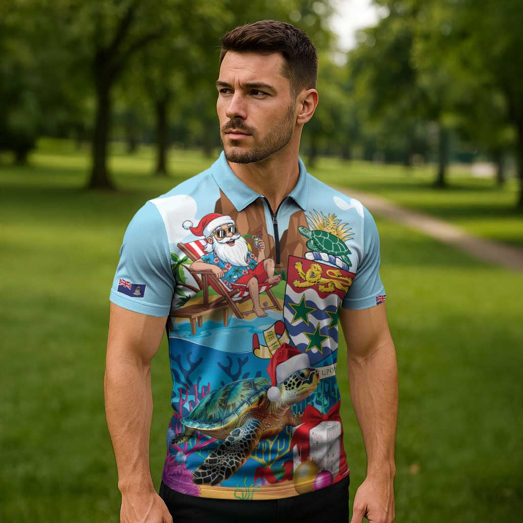Cayman Islands Christmas Zipper Polo Shirt Santa Claus Turtle Beachy Xmas - Wonder Print Shop